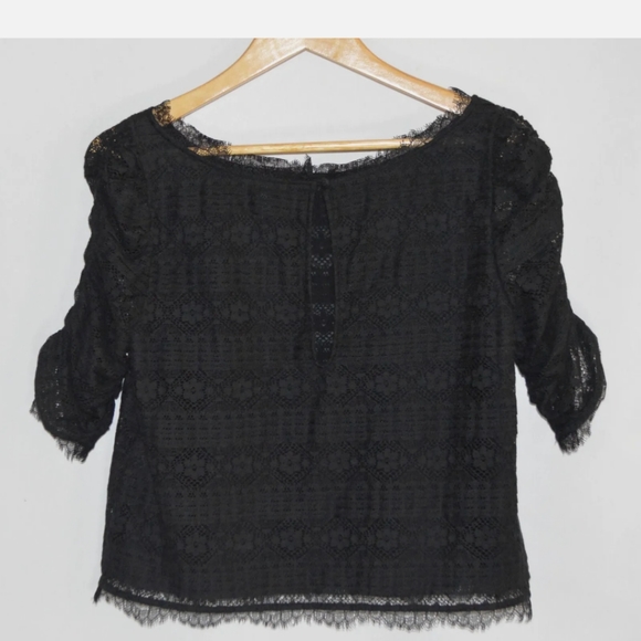JOIE lace blouse top ruched sleeves to elbow black Size M - Picture 6 of 8